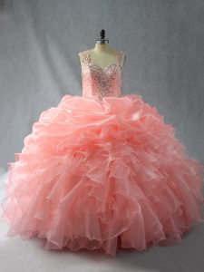 Decent Peach Organza Zipper Straps Sleeveless Floor Length 15th Birthday Dress Beading and Ruffles and Pick Ups
