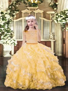 Sleeveless Organza Floor Length Zipper Kids Formal Wear in Gold with Beading and Ruffled Layers