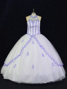 Enchanting White And Purple Lace Up Quinceanera Dresses Appliques Sleeveless Floor Length