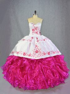 Noble Sweetheart Sleeveless Brush Train Lace Up Quinceanera Dress Hot Pink Organza