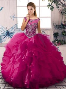 High End Scoop Sleeveless Zipper Quinceanera Gowns Fuchsia Organza