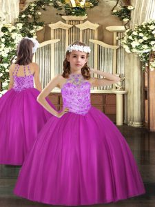 Fuchsia Lace Up Halter Top Beading Kids Pageant Dress Tulle Sleeveless