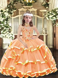 Floor Length Lace Up Pageant Dress for Womens Orange for Party and Wedding Party with Appliques and Ruffled Layers