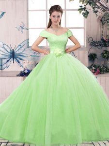 Glamorous Ball Gowns Off The Shoulder Short Sleeves Tulle Floor Length Lace Up Lace and Hand Made Flower Quinceanera Dress