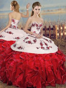 Embroidery and Ruffles Sweet 16 Quinceanera Dress White And Red Lace Up Sleeveless Floor Length