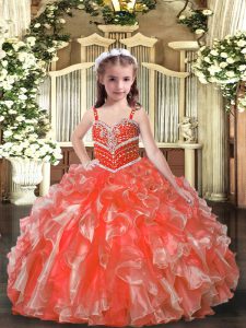 Modern Orange Red Organza Lace Up Straps Sleeveless Floor Length Little Girls Pageant Gowns Beading and Ruffles