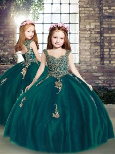 Custom Fit Straps Sleeveless Lace Up Little Girls Pageant Dress Wholesale Peacock Green Tulle
