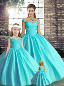 Artistic Sleeveless Tulle Floor Length Lace Up Sweet 16 Quinceanera Dress in Aqua Blue with Beading