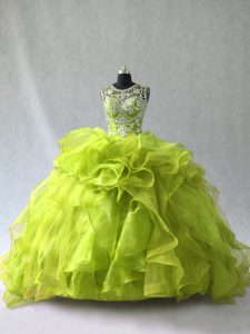 Chic Yellow Green Ball Gowns Scoop Sleeveless Organza Floor Length Lace Up Beading and Ruffles Quinceanera Dresses