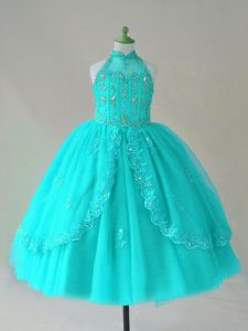 New Arrival Aqua Blue Sleeveless Floor Length Beading and Appliques Lace Up Kids Pageant Dress