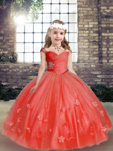 Dramatic Coral Red High School Pageant Dress Tulle Sleeveless Beading and Hand Made Flower