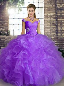 Clearance Floor Length Lavender Quinceanera Dress Organza Sleeveless Beading and Ruffles