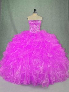 Lovely Floor Length Lilac Sweet 16 Dresses Organza Sleeveless Beading and Ruffles
