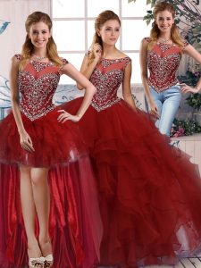 Burgundy Scoop Neckline Beading and Ruffles Quince Ball Gowns Sleeveless Zipper