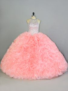 Custom Designed Peach Lace Up Halter Top Beading and Ruffles Quince Ball Gowns Organza Sleeveless