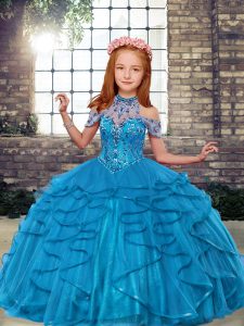 Low Price Floor Length Lace Up Kids Formal Wear Teal for Party and Wedding Party with Beading and Ruffles
