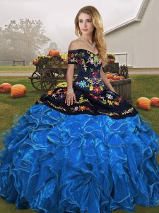 Blue And Black Ball Gowns Embroidery and Ruffles Quinceanera Dresses Lace Up Organza Sleeveless Floor Length