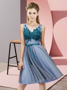 Blue Empire V-neck Sleeveless Tulle Knee Length Lace Up Appliques Vestidos de Damas