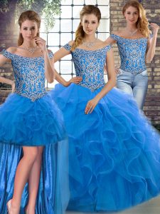 Blue Off The Shoulder Lace Up Beading and Ruffles Sweet 16 Dress Brush Train Sleeveless