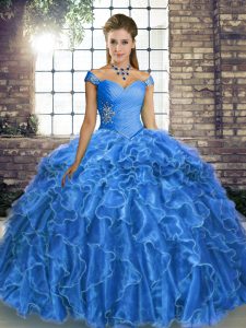 Blue Ball Gowns Off The Shoulder Sleeveless Organza Brush Train Lace Up Beading and Ruffles Quinceanera Gown