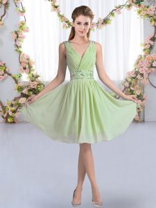 High Quality Yellow Green V-neck Neckline Beading Dama Dress for Quinceanera Sleeveless Zipper