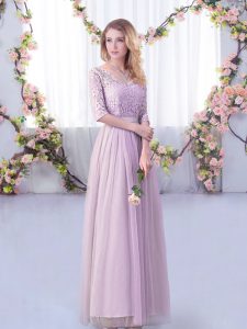 New Style Lavender V-neck Neckline Lace and Belt Quinceanera Dama Dress Half Sleeves Side Zipper