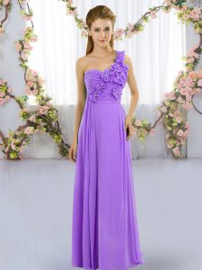 Custom Fit Sleeveless Floor Length Hand Made Flower Lace Up Quinceanera Court Dresses with Lavender