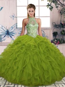 Olive Green Ball Gowns Halter Top Sleeveless Tulle Floor Length Lace Up Beading and Ruffles Sweet 16 Quinceanera Dress