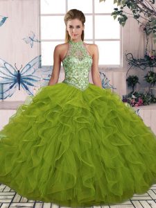 Olive Green Ball Gowns Halter Top Sleeveless Tulle Floor Length Lace Up Beading and Ruffles Sweet 16 Quinceanera Dress