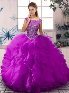 Custom Designed Purple Ball Gowns Beading and Ruffles Sweet 16 Dresses Zipper Organza Sleeveless Floor Length