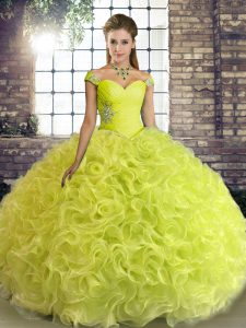 Clearance Yellow Green Sleeveless Fabric With Rolling Flowers Lace Up Sweet 16 Dresses for Military Ball and Sweet 16 and Quinceanera