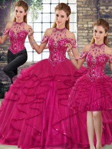 Luxury Sleeveless Floor Length Beading and Ruffles Lace Up Vestidos de Quinceanera with Fuchsia