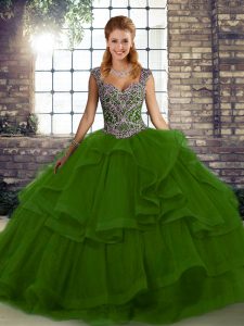 Graceful Tulle Straps Sleeveless Lace Up Beading and Ruffles Sweet 16 Dress in Green