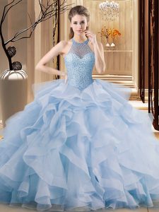 Lovely Halter Top Sleeveless Brush Train Lace Up Quinceanera Gowns Blue Organza
