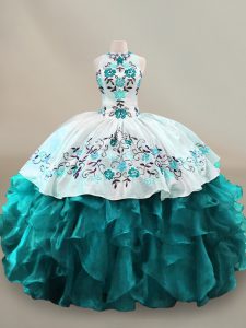 Fine Sleeveless Floor Length Embroidery and Ruffles Lace Up Quinceanera Gown with Teal