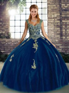 Hot Selling Sleeveless Tulle Floor Length Lace Up 15th Birthday Dress in Royal Blue with Beading and Appliques