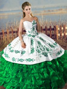 Sumptuous Dark Green Lace Up Sweetheart Embroidery and Ruffles Sweet 16 Dress Satin and Organza