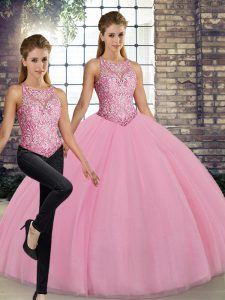 Scoop Sleeveless Lace Up Quinceanera Dresses Pink Tulle