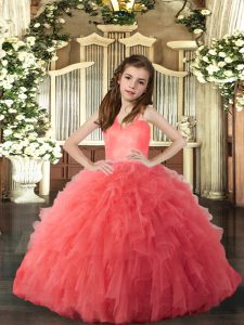 Ruffles Little Girls Pageant Gowns Coral Red Lace Up Sleeveless Floor Length