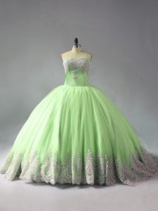 Yellow Green Sleeveless Court Train Beading and Appliques Vestidos de Quinceanera