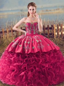 Classical Coral Red Ball Gowns Fabric With Rolling Flowers Sweetheart Sleeveless Embroidery and Ruffles Lace Up 15 Quinceanera Dress