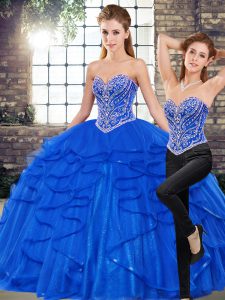 Sweetheart Sleeveless 15th Birthday Dress Floor Length Beading and Ruffles Royal Blue Tulle