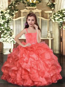 Coral Red Ball Gowns Straps Sleeveless Organza Floor Length Lace Up Ruffles Little Girls Pageant Gowns