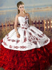 Designer Sleeveless Floor Length Embroidery and Ruffles Lace Up Quinceanera Dress with White And Red