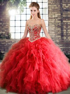 Lovely Red Sweetheart Neckline Beading and Ruffles Quinceanera Gowns Sleeveless Lace Up