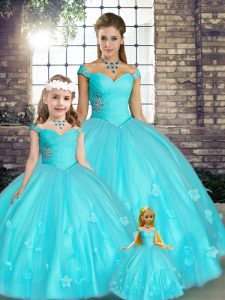 Aqua Blue Ball Gowns Off The Shoulder Sleeveless Tulle Floor Length Lace Up Beading and Appliques Sweet 16 Quinceanera Dress