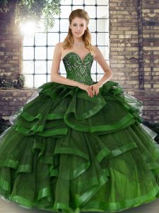 Traditional Green Tulle Lace Up Sweet 16 Dresses Sleeveless Floor Length Beading and Ruffles