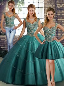 Affordable Teal Sleeveless Tulle Lace Up Quinceanera Dress for Military Ball and Sweet 16 and Quinceanera