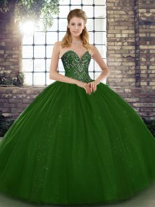 Green Tulle Lace Up Sweetheart Sleeveless Floor Length 15 Quinceanera Dress Beading