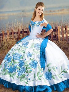 Off The Shoulder Sleeveless Lace Up Sweet 16 Quinceanera Dress Blue And White Satin
